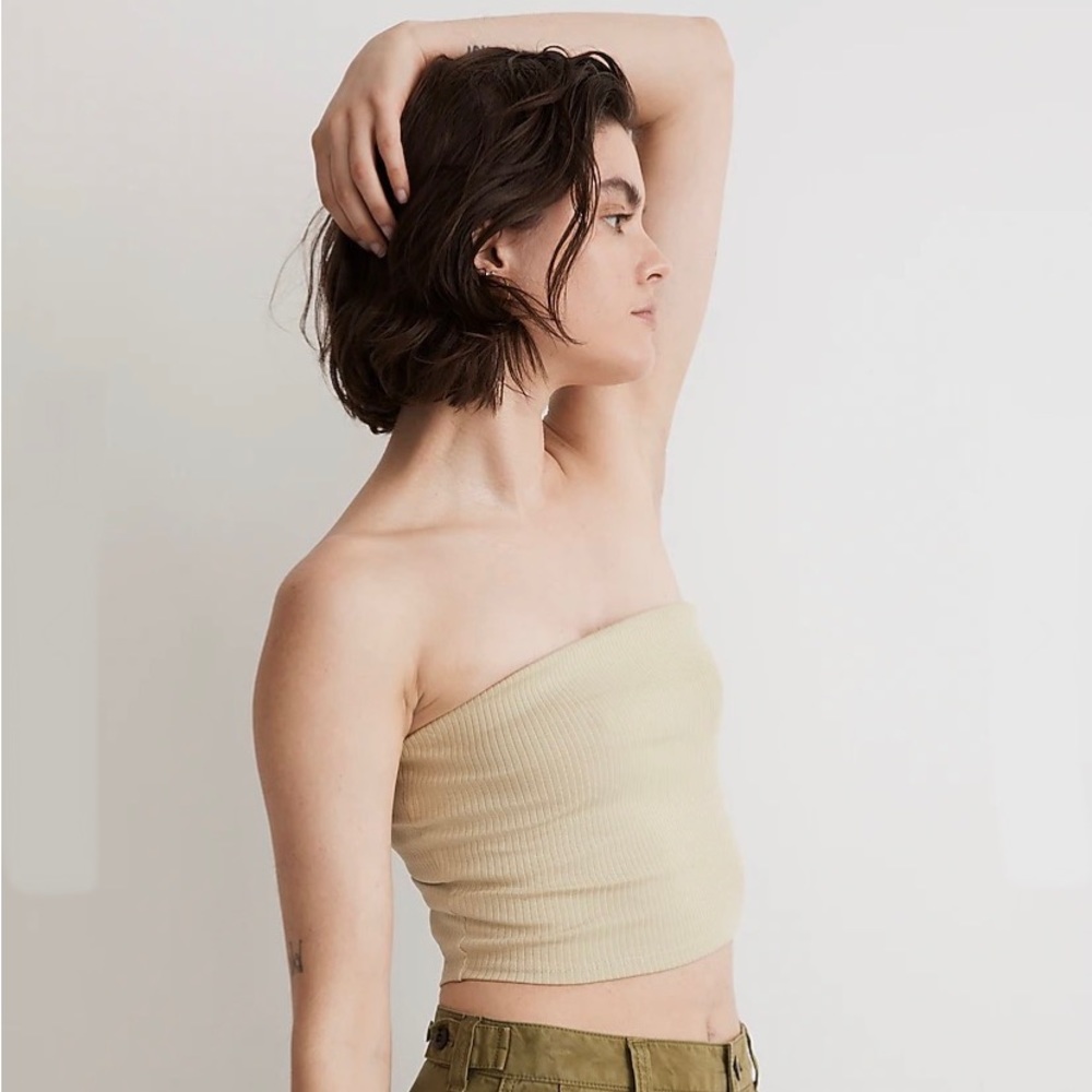 Madewell Ribbed Strapless Crop Top in Beige - Picture 3 of 10